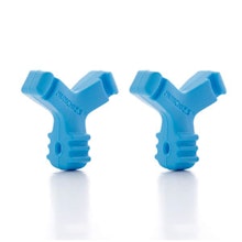 Two blue Y-shaped dental connectors or water spray nozzles displayed against white background.