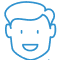 Simple blue line drawing of a smiling man's face with rounded features.